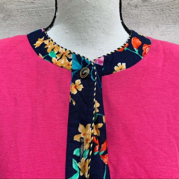 Vintage 80s Pink Floral Print Button Down Circle Neck Short Puff Sleeve Blouse - Picture 8 of 16